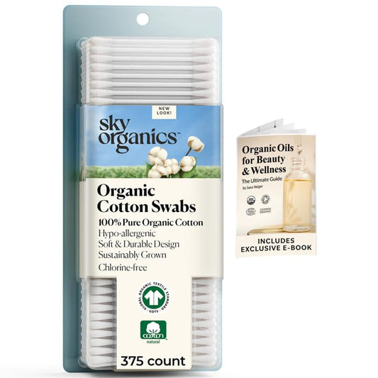 Sky Organics Organic Cotton Swabs 375 ct, 100% Pure, Natural, Chlorine-Free