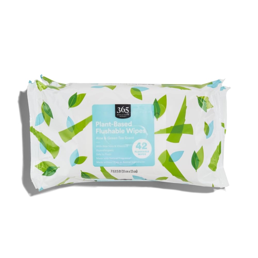 365 by Whole Foods Market, Plant-Based Flushable Wipes, Aloe & Green Tea Scent, 42 Count (Pack of 3)
