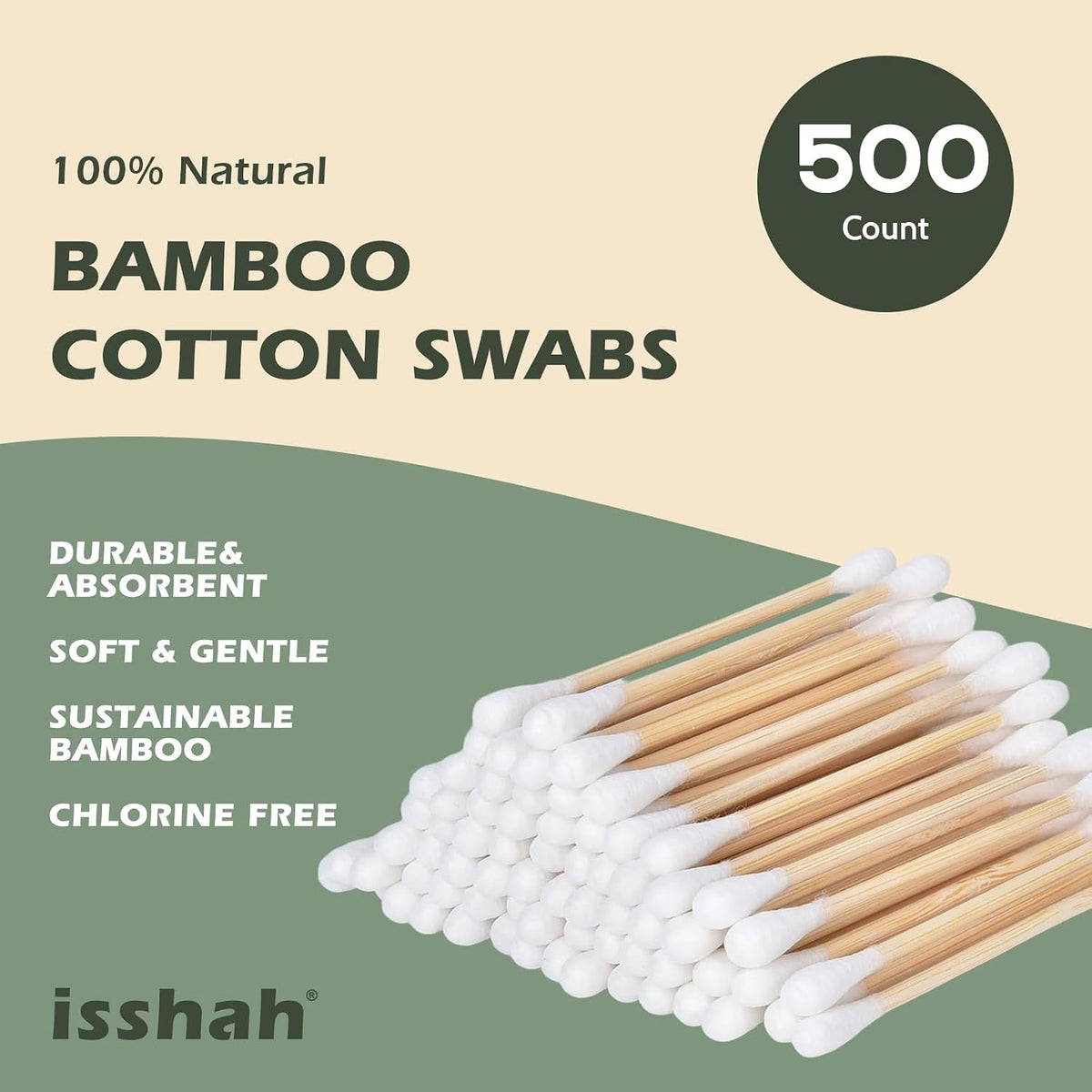Isshah Double Tips Bamboo Cotton Swabs - 500 Count - FSC Certified
