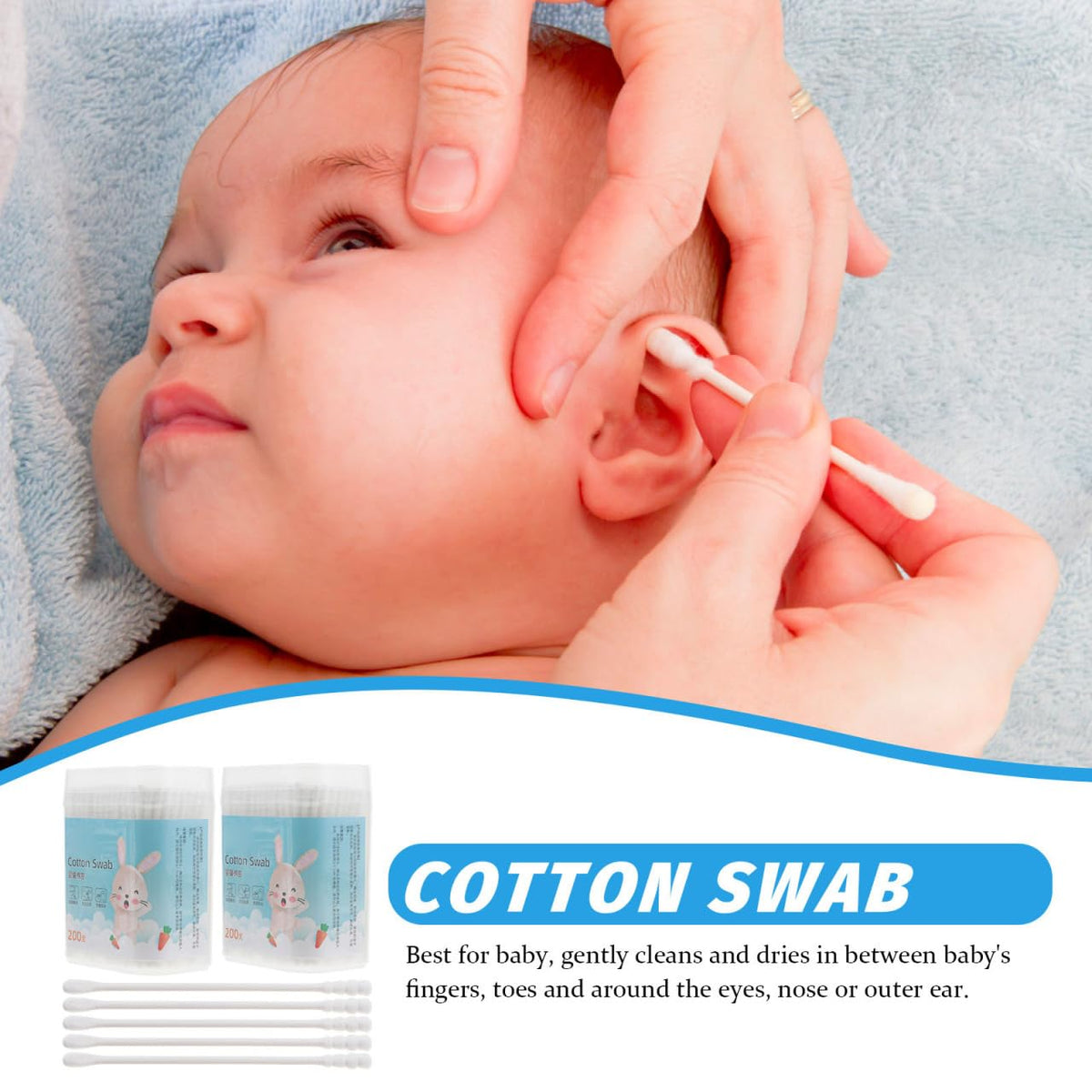 Kisangel Baby Cotton Swabs 400 Pcs Double-Ended Round Spiral Head Cotton Baby Swab for Ear Nose Cleaning Gentle Care Finger Toe and Eye Area Cleaning 2 Boxes