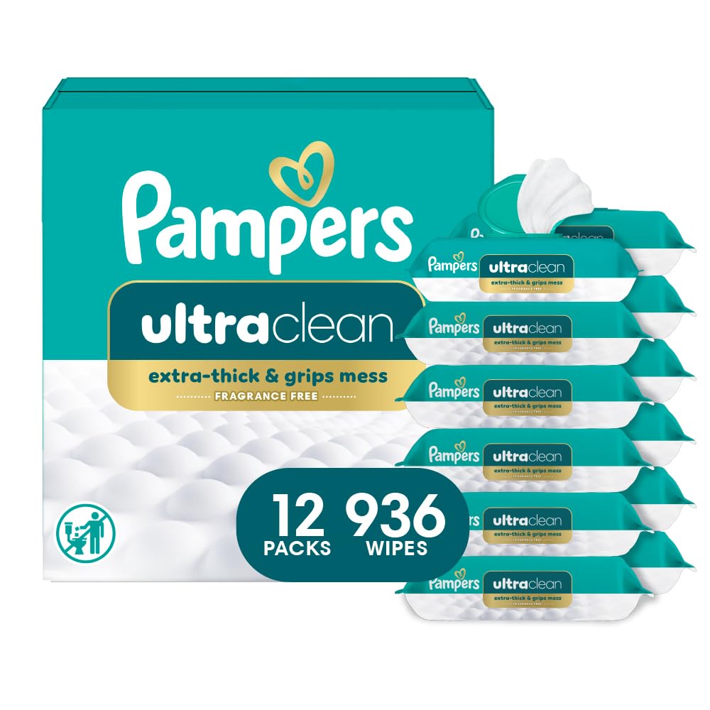 Pampers Ultraclean Baby Wipes, Unscented, Fragrance Free, Water Based, Hypoallergenic, Extra Thick & Grips Mess, 100% Plant Based, 624 Wipes Total (8X Flip-Top Packs)