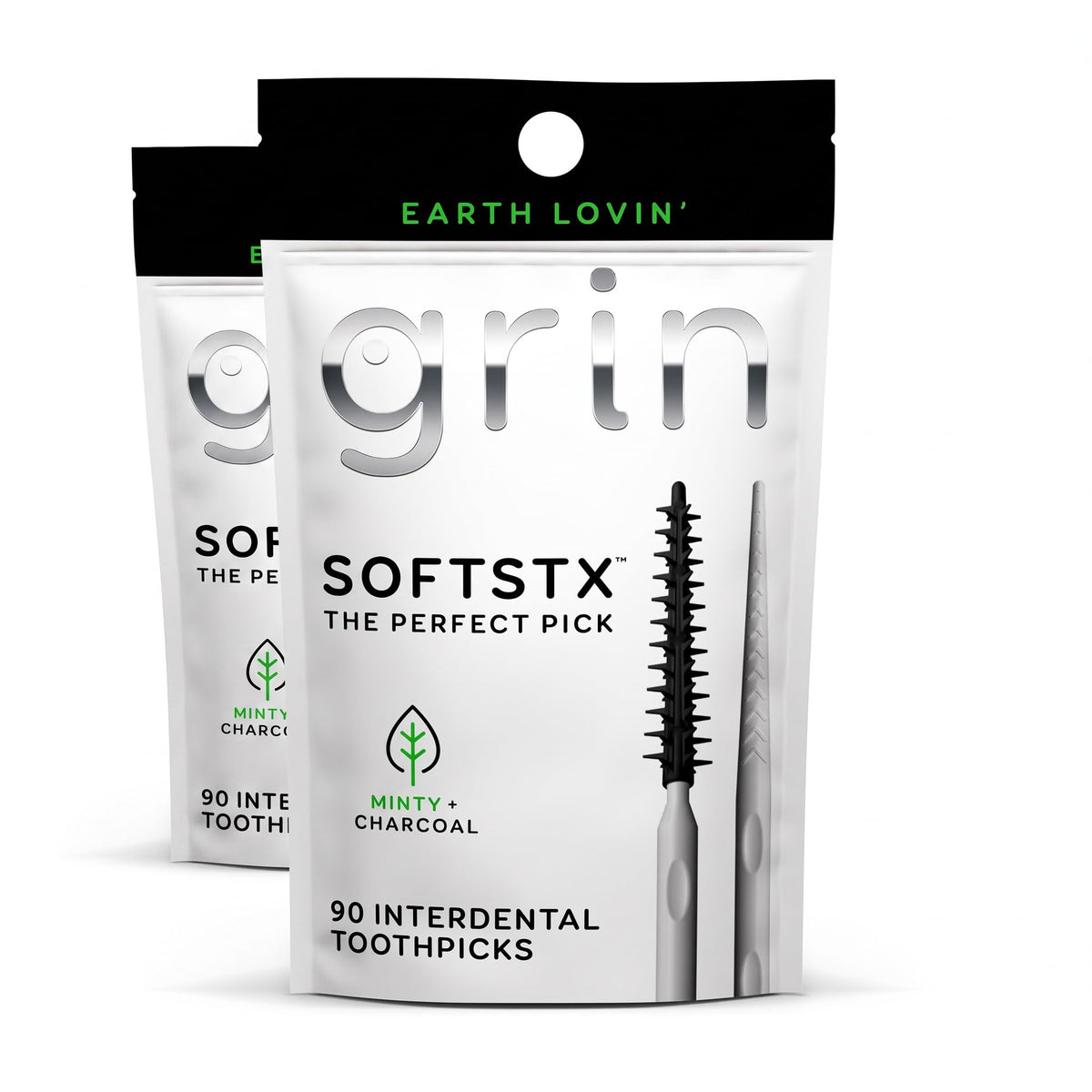 Grin Charcoal Infused Softstx, Gentle Dental Picks, 90 Count, Soft Flexible Bristles, Textured Plaque Removing Toothpick, Minty Flavor, for Between Teeth, Refillable Hygienic Case