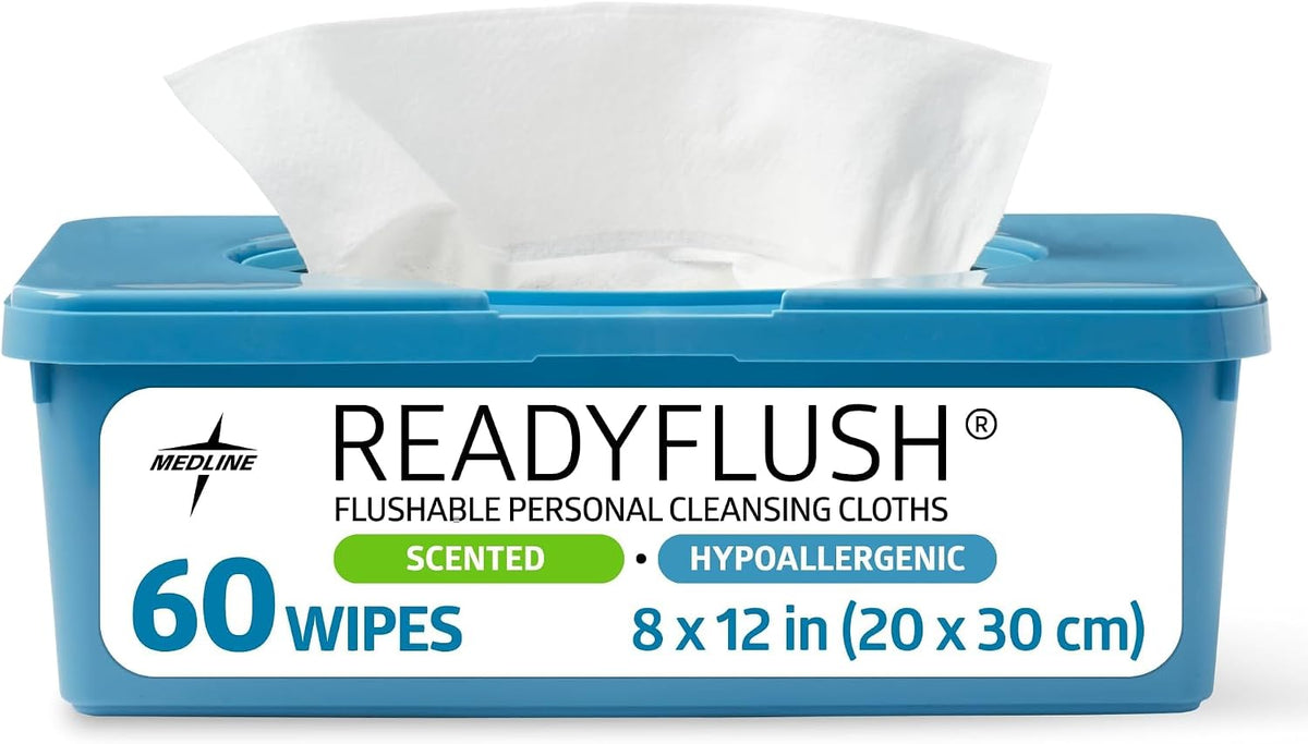 Medline ReadyFlush Flushable Wipes (60 Wipes per Tub), Scented, Biodegradable Flushable Incontinence Wet Wipes for Adults with Aloe, Hypoallergenic & pH-Balanced Personal Cleansing Cloths, 8" x 12"