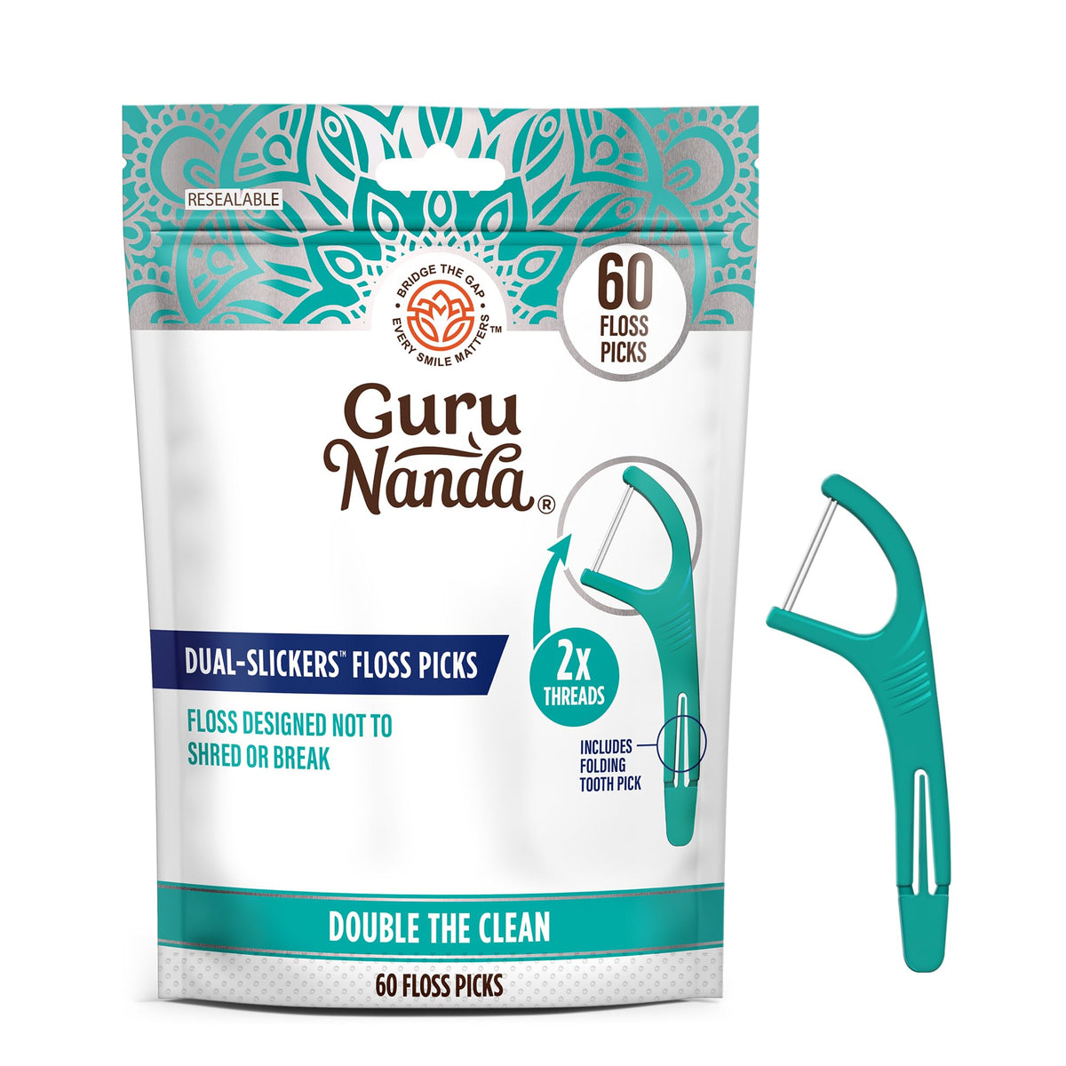 GuruNanda Dual Slickers Floss Picks - Double Threaded Dyneema Dental Floss with Foldable Toothpick for Effective Plaque Removal - Unflavored- 150 Ct