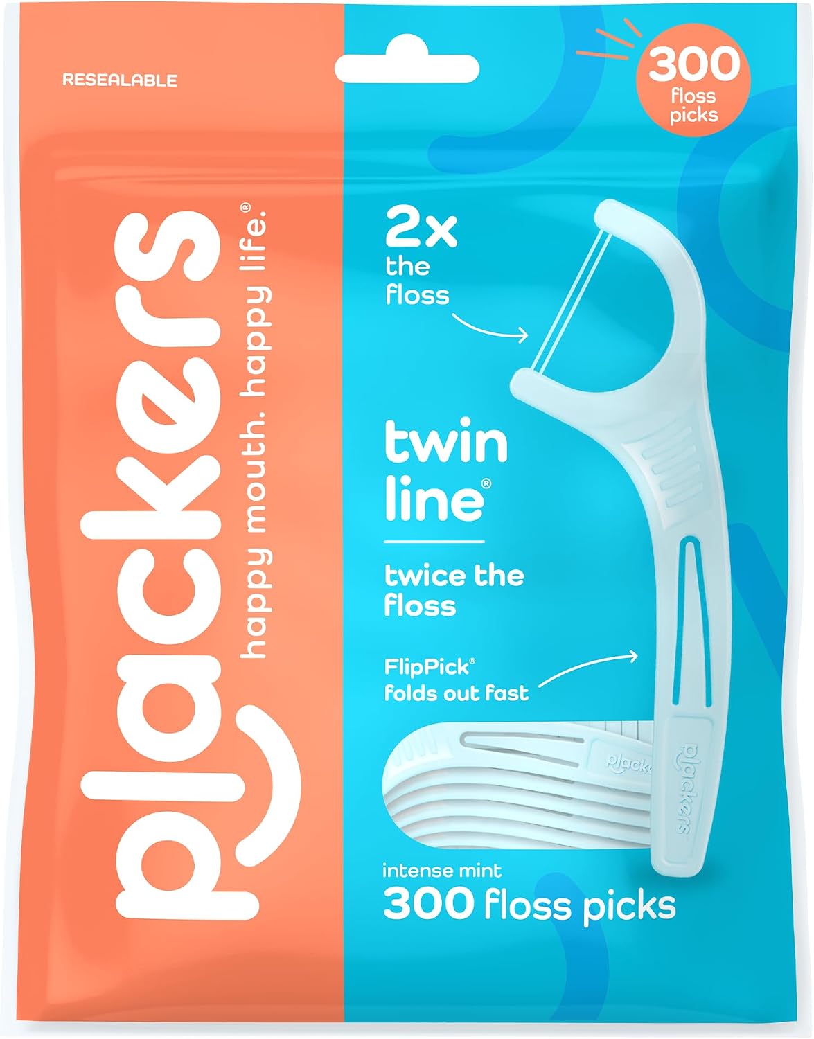 Plackers Twin Line Floss Picks, Intense Mint, 300 Count