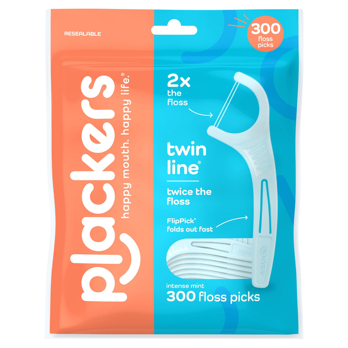 Plackers Twin Line Floss Picks, Intense Mint, 75 Count