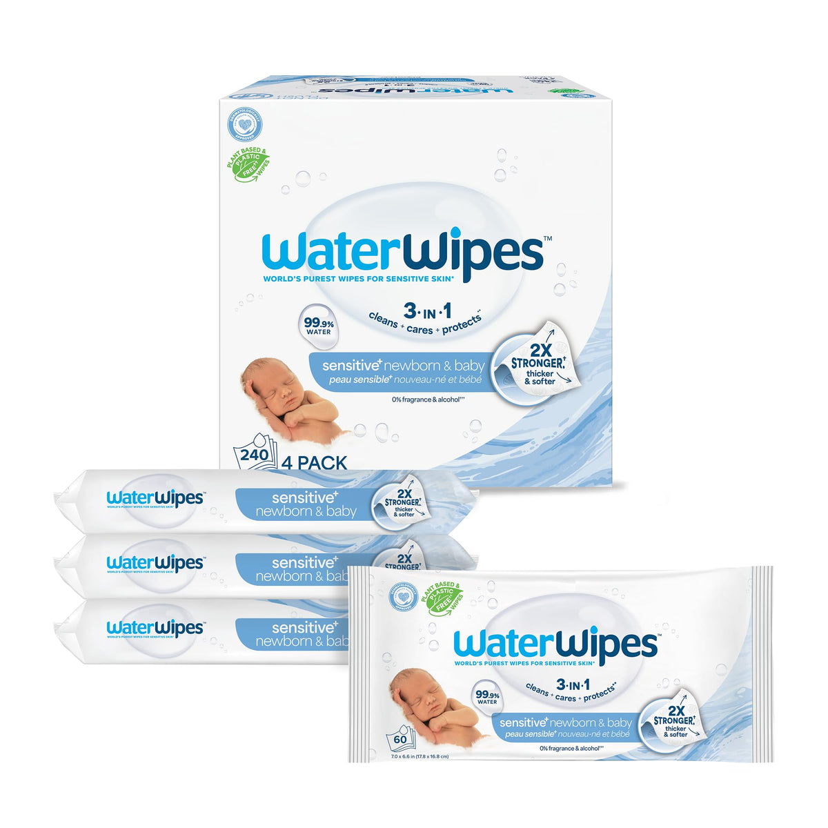 WaterWipes Sensitive+ Newborn & Baby Wipes, 3-In-1 Cleans, Cares, Protects, 99.9% Water, Unscented & Hypoallergenic, 540 Count (9 Packs)