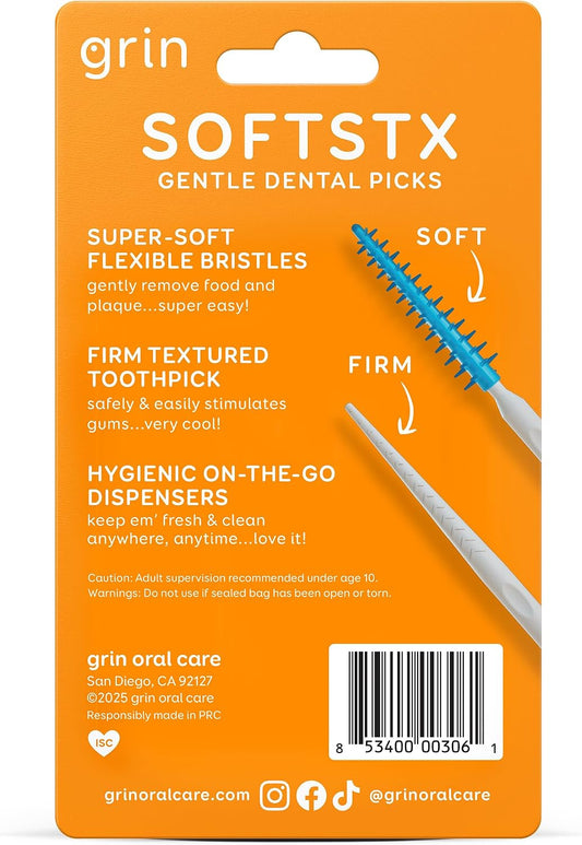 GRIN Softstx, Gentle Dental Picks, 90 Count, Soft Flexible Bristles, Textured Plaque Removing Toothpick, Minty Flavor, for Between Teeth, Refillable Hygienic Case, for Braces, Bridges, and Implants