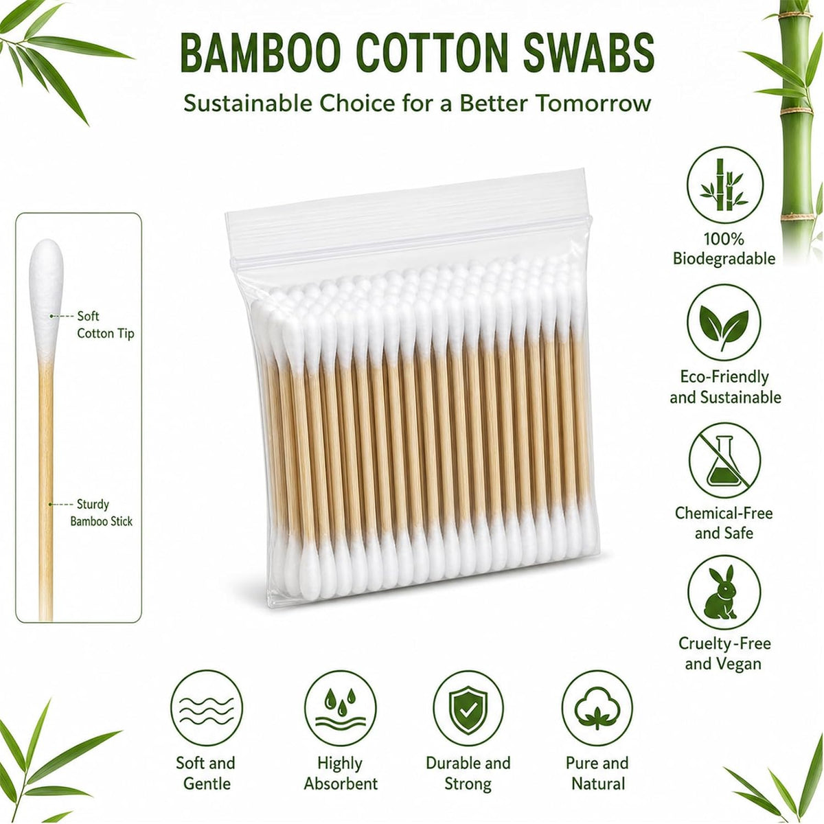 Egaageoi Bamboo Cotton Swabs 1000 Count, Organic Buds for Ear Cleaning