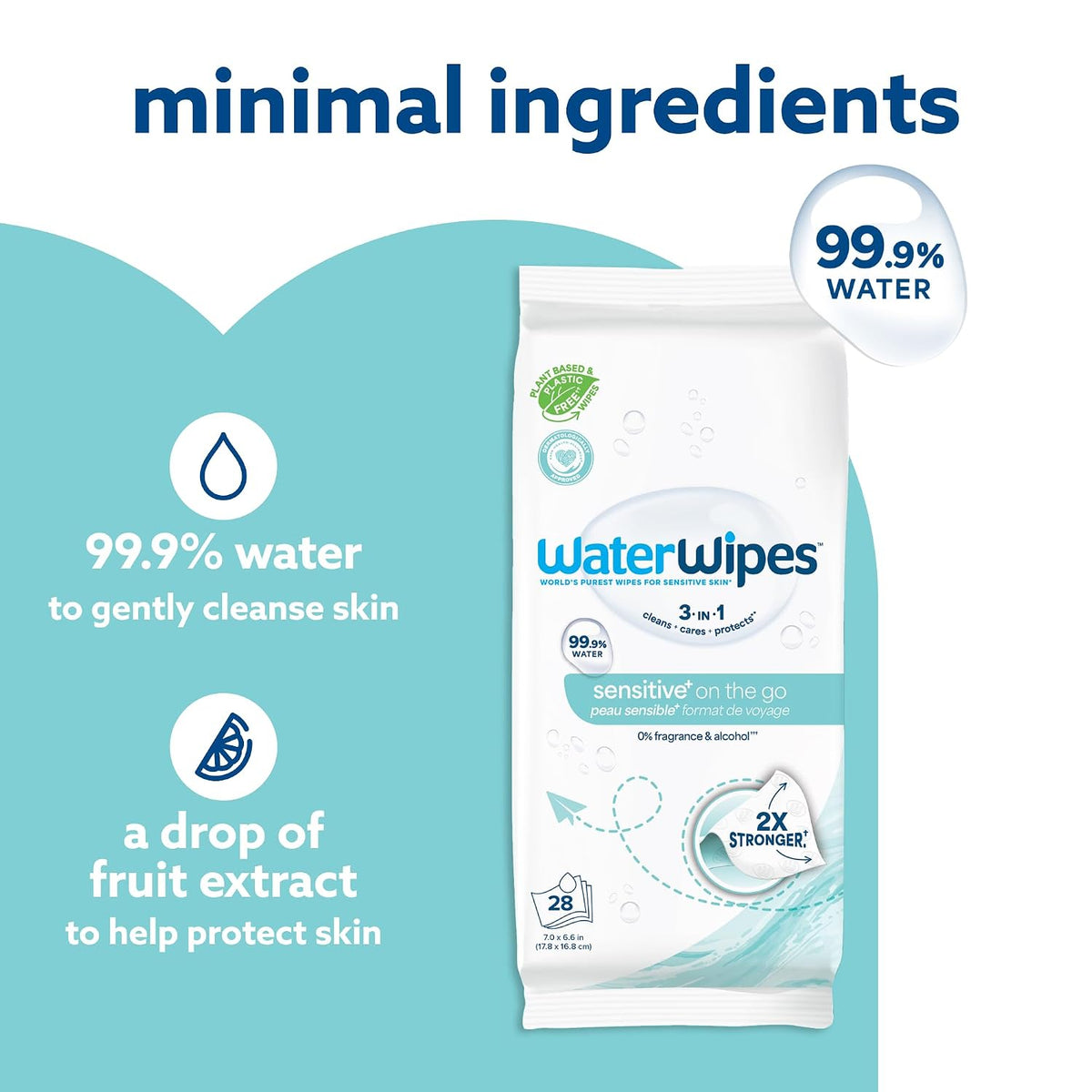 WaterWipes Sensitive+ On The Go Wipes, 3-In-1 Cleans, Cares, Protects, 99.9% Water, Unscented & Hypoallergenic Wet Wipes, 224 Count (8 Packs)