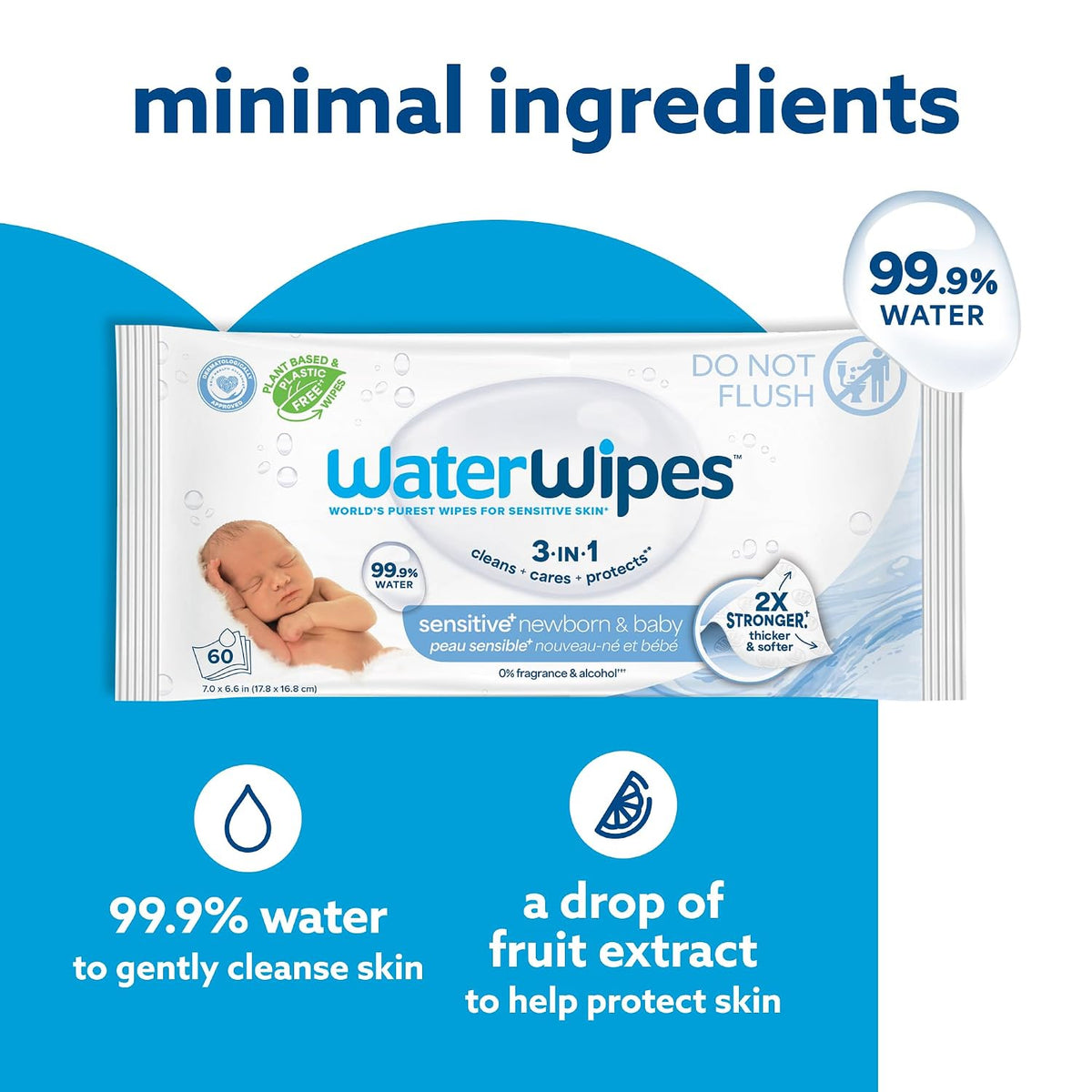 WaterWipes Sensitive+ Newborn & Baby Wipes, 3-In-1 Cleans, Cares, Protects, 99.9% Water, Unscented & Hypoallergenic, 240 Count (4 Packs)
