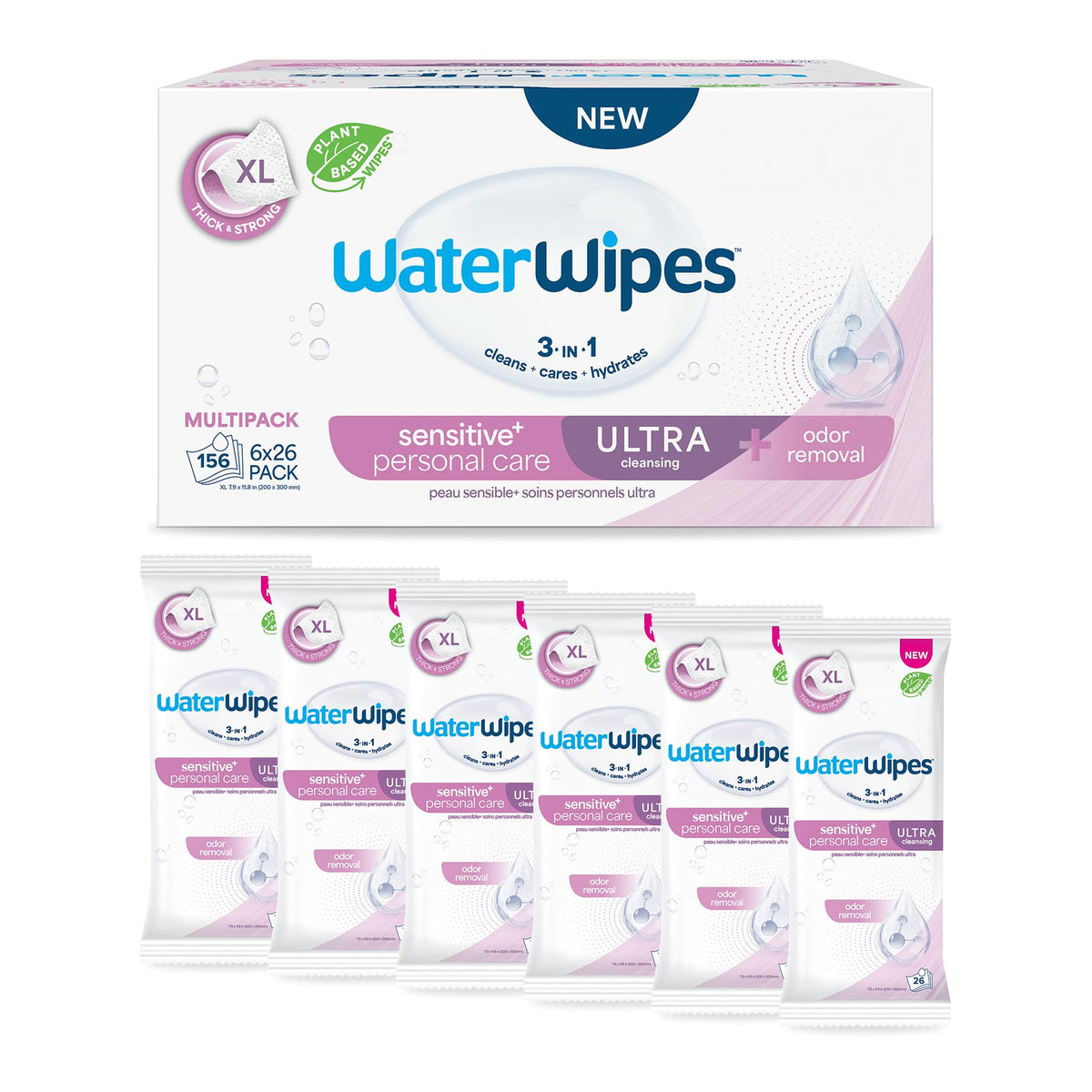 WaterWipes Sensitive Personal Care Ultra, Incontinence Wipes, Odor Removal, Heavy Duty XL Textured Wipes, Fragrance Free, 78 Count (3 Packs)