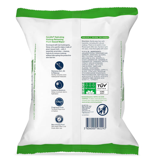 CeraVe Makeup Remover Wipes, Plant Based Face Wipes with Glycerin, 25ct