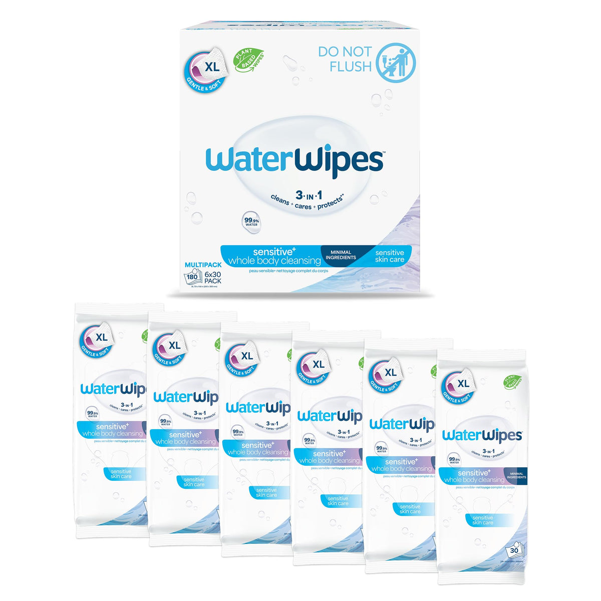 WaterWipes Sensitive Whole Body Cleansing Wipes, 99.9% Purified Water, XL Textured Wipes, Incontinence Care, Fragrance Free, 180 Count