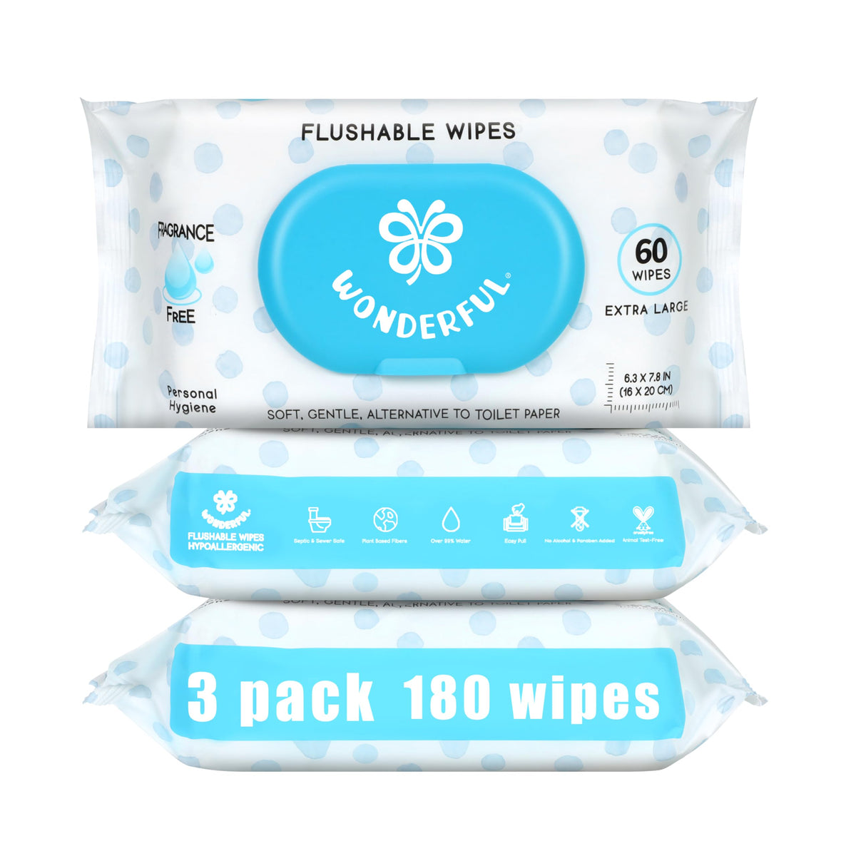 WONDERFUL Flushable Butt Wipes, Unscented 100% Plant-Based Wet Wipes for Adults & Kids, Sewer & Septic Safe, Gentle & Soft, Wipes Flushable Pack for Bathroom & Travel, 6-Pack (360 Count)