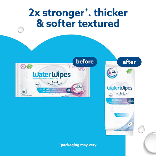 WaterWipes Sensitive Whole Body Cleansing Wipes, 99.9% Purified Water, XL Textured Wipes, Incontinence Care, Fragrance Free, 180 Count