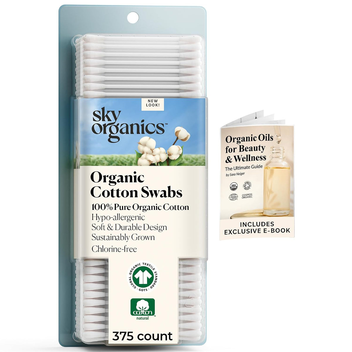 Sky Organics Organic Cotton Swabs 375 ct, 100% Pure, Natural, Chlorine-Free