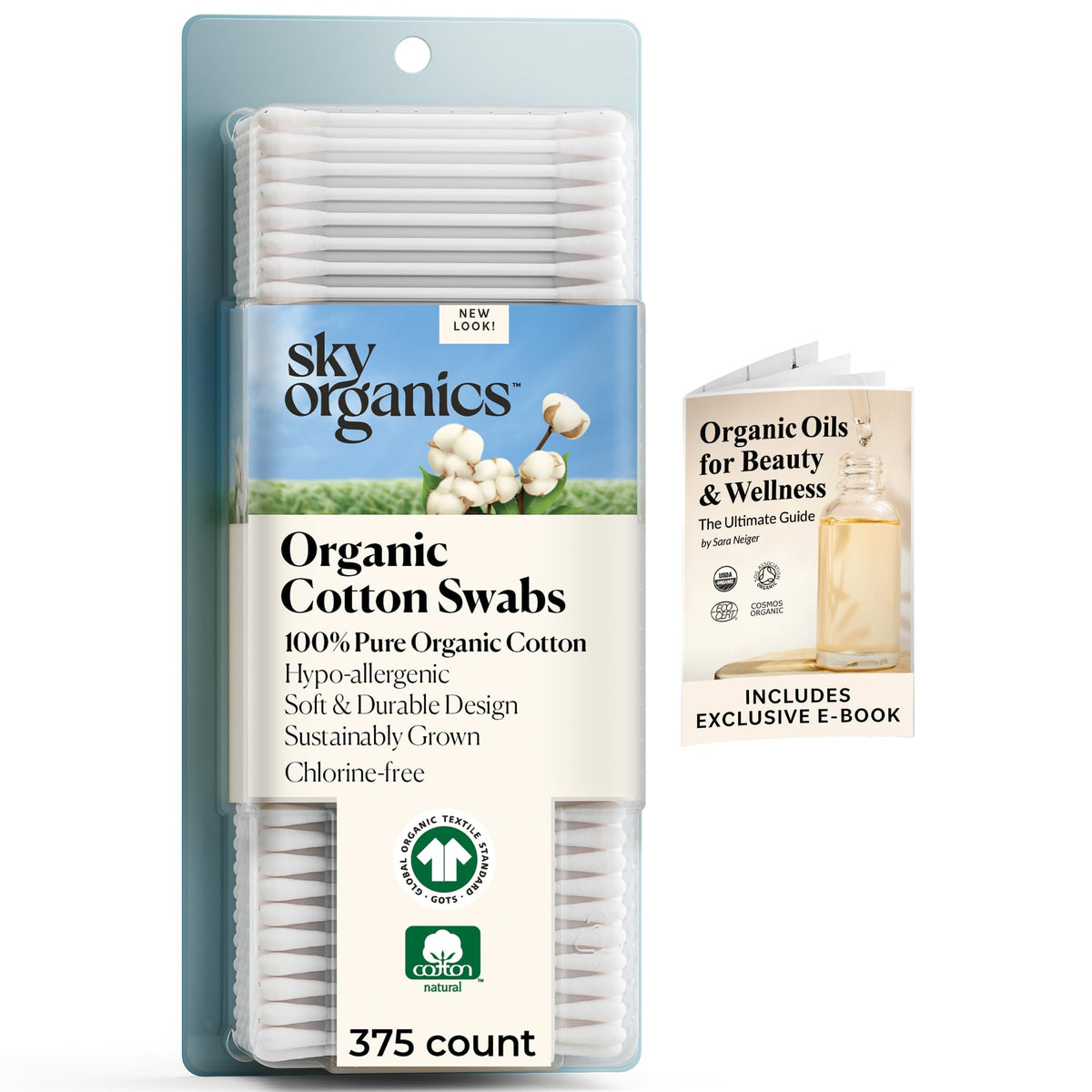 Sky Organics Organic Cotton Swabs 375 ct, 100% Pure, Natural, Chlorine-Free