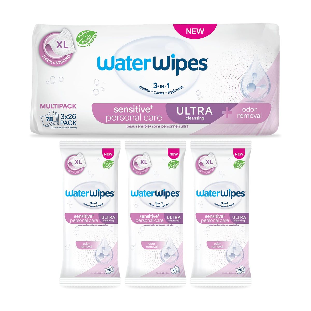 WaterWipes Sensitive Personal Care Ultra, Incontinence Wipes, Odor Removal, Heavy Duty XL Textured Wipes, Fragrance Free, 78 Count (3 Packs)