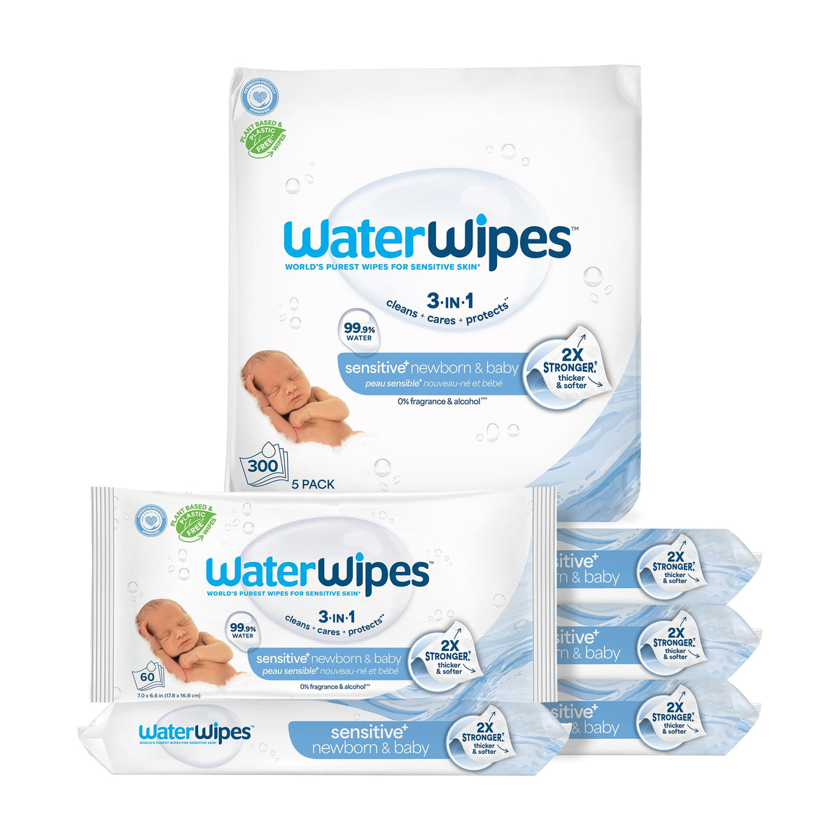 WaterWipes Sensitive+ Newborn & Baby Wipes, 3-In-1 Cleans, Cares, Protects, 99.9% Water, Unscented & Hypoallergenic, 540 Count (9 Packs)