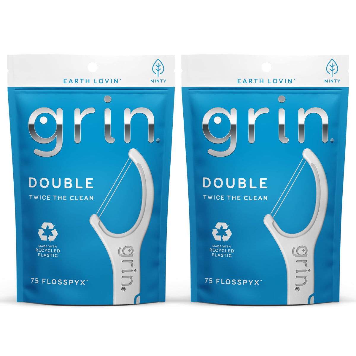 GRIN Double Flosspyx, Floss Picks, 75 Count, Dental Flossers, Minty Flavor, Recycled Plastic, 2 Lines of Strong Floss, Longer Floss Head, Traps Food and Plaque, Includes Safe Soft Fold-Back Tooth Pick