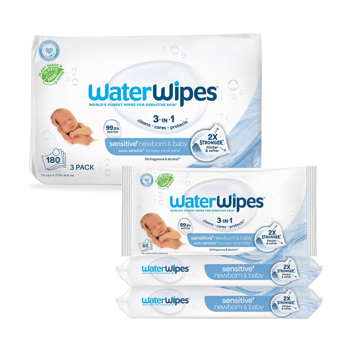 WaterWipes Sensitive+ Newborn & Baby Wipes, 3-In-1 Cleans, Cares, Protects, 99.9% Water, Unscented & Hypoallergenic, 540 Count (9 Packs)