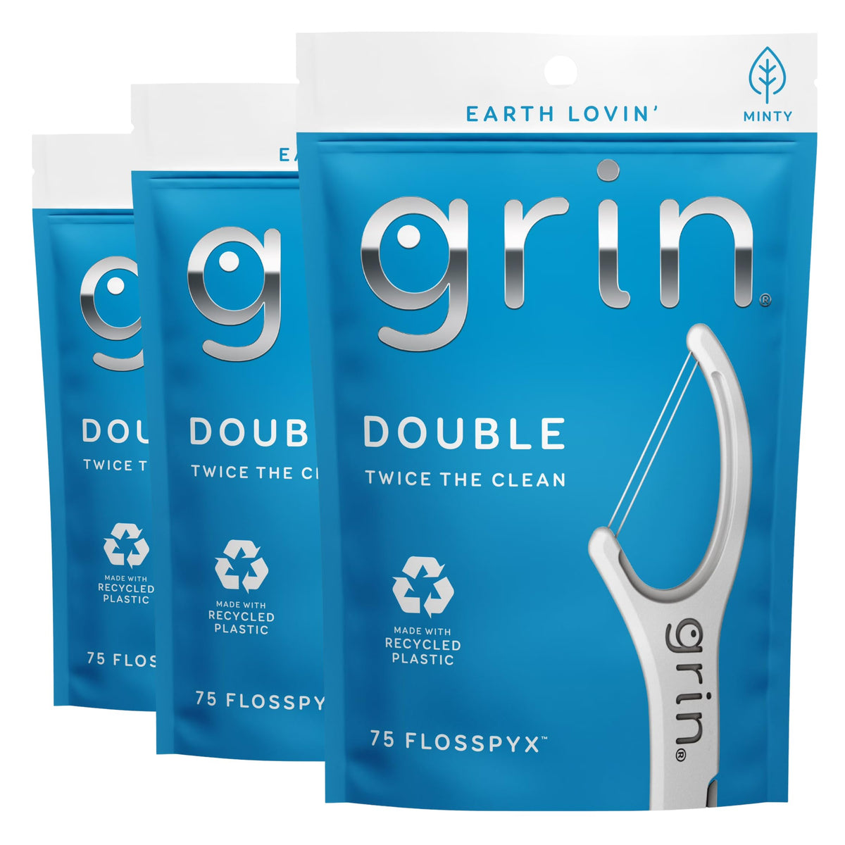 GRIN Double Flosspyx, Floss Picks, 75 Count, Dental Flossers, Minty Flavor, Recycled Plastic, 2 Lines of Strong Floss, Longer Floss Head, Traps Food and Plaque, Includes Safe Soft Fold-Back Tooth Pick