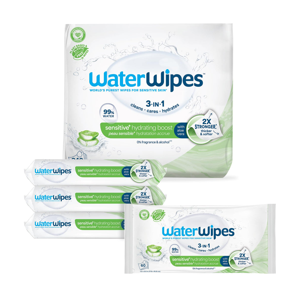WaterWipes Sensitive+ Soothing Wipes, 3-In-1 Cleans, Cares, Soothes, 99% Water with Botanical Extract, Unscented & Hypoallergenic Baby Wipes, 360 Count (6 Packs)