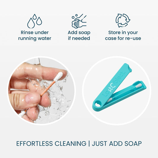 LastSwab® Reusable Cotton Swabs & Reusable Q-Tips - Washable Silicone Ear Swabs, Ear Cleaner & Wax Removal Tool - Eco-Friendly Zero Waste Single-Use Qtips Alternative - Travel Case Holder - Turquoise