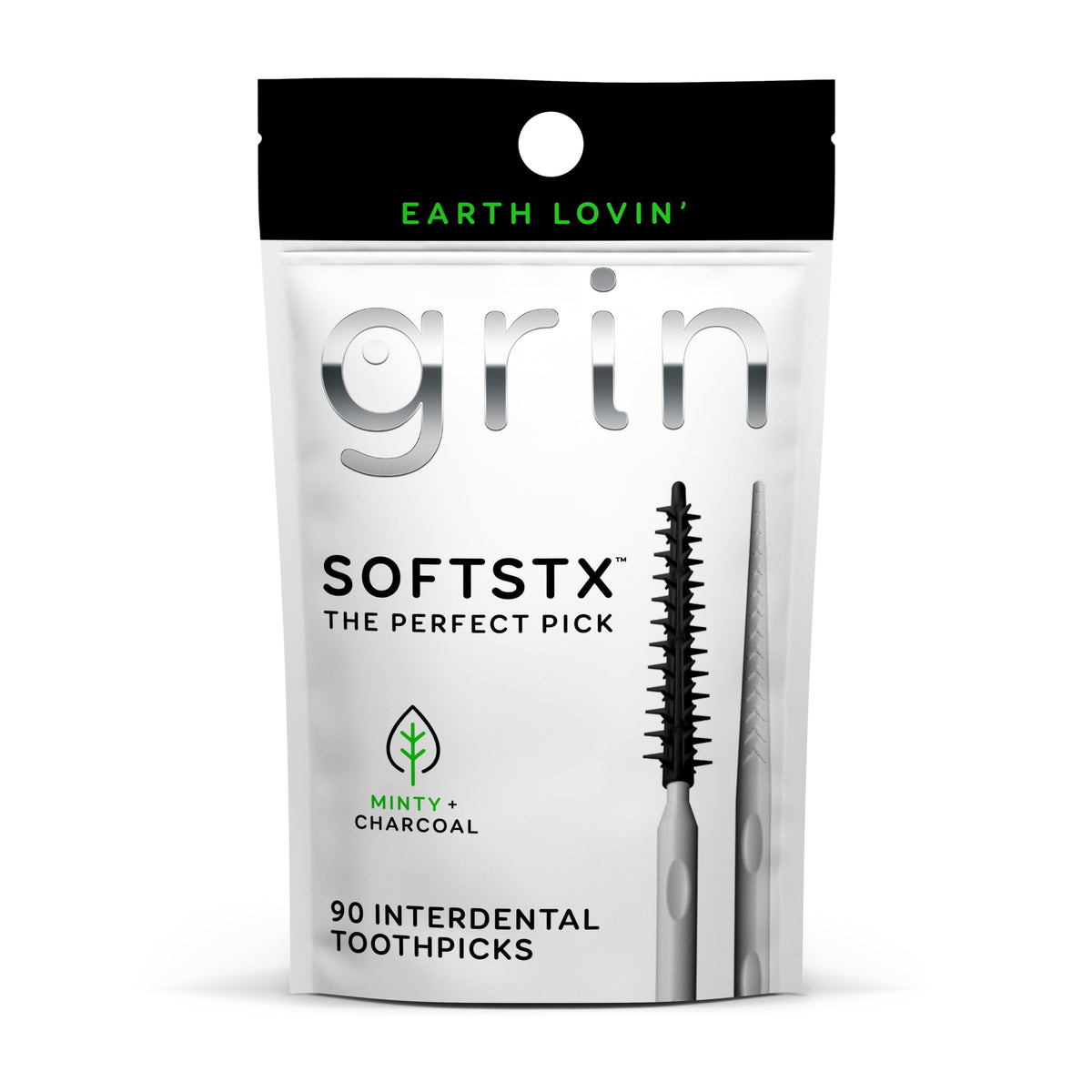 Grin Charcoal Infused Softstx, Gentle Dental Picks, 90 Count, Soft Flexible Bristles, Textured Plaque Removing Toothpick, Minty Flavor, for Between Teeth, Refillable Hygienic Case