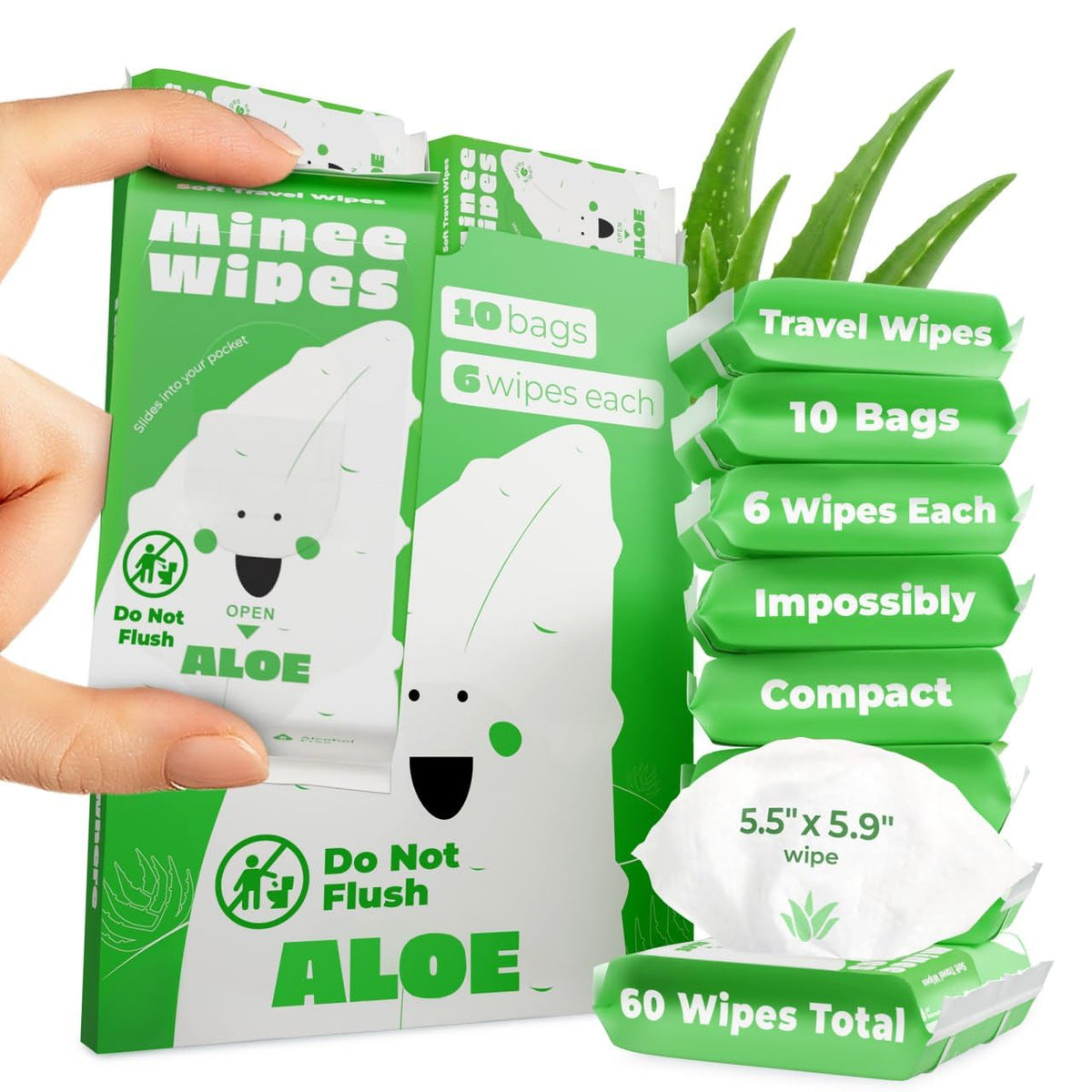 Impossibly Compact Travel Wipes - 99.5% Water - Safe for Sensitive Skin & Hypoallergenic, Resealable, Thick & Durable - For Adults & Kids - Unscented, 10 Pack Total 60 Wipes