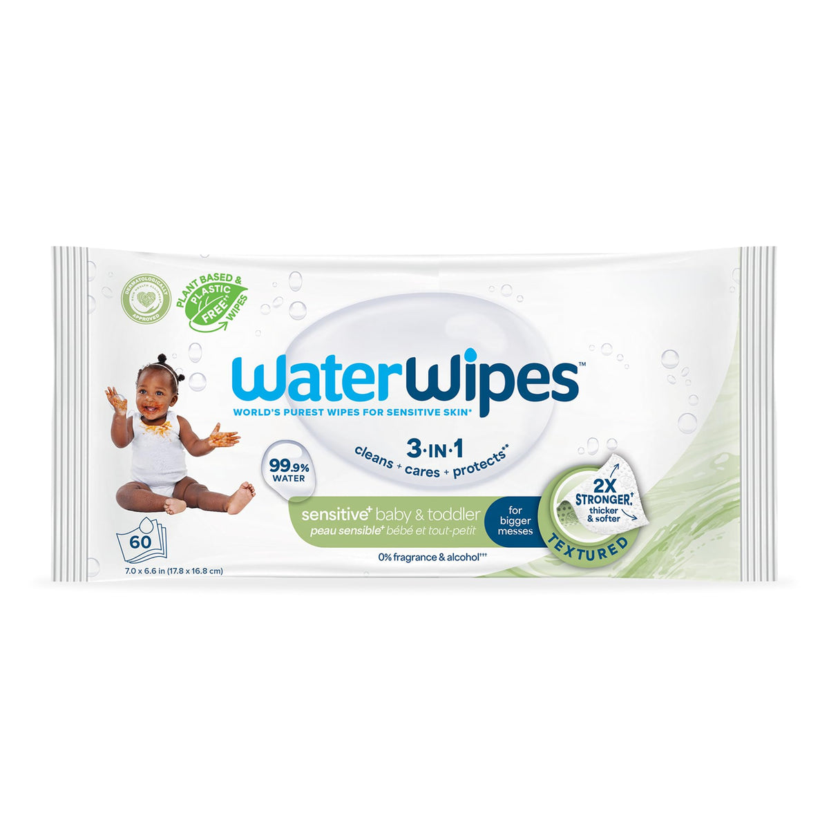 WaterWipes Sensitive+ Baby & Toddler Wipes, 3-In-1 Cleans, Cares, Protects, 99.9% Water, Textured Clean, Unscented & Hypoallergenic, 240 Count (4 Packs)