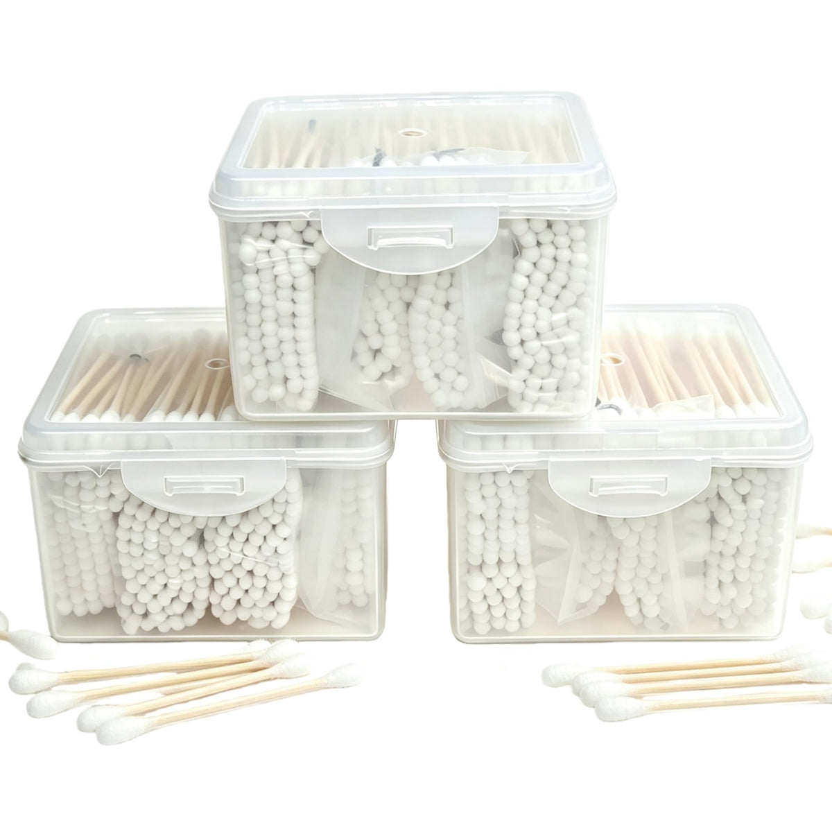 RIKWOG Cotton Swabs, 1200 Count Bamboo Sticks Cotton Swabs with 2 Clear Container Cotton Buds with Wooden Handles For Ears Makeup or Nails Personal Care