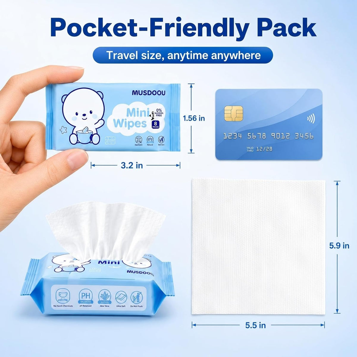 48 Pack Mini Travel Wet Wipes, 8 Wipes Each, Pocket Size Portable Wipes with 99.5% Water, Unscented Gentle Cleansing Wipes for Travel Essentials, Camping, Festivals & Everyday On-The-Go Use