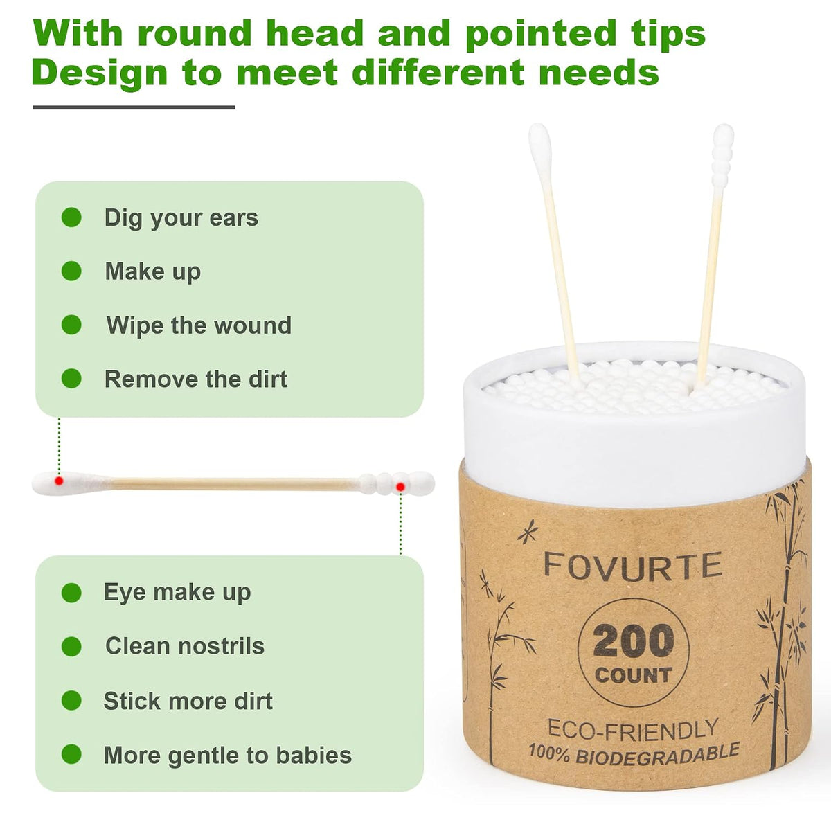 Bamboo Cotton Swabs 400 Count - Spiral&Round Double Tips Cotton Swabs, Organic Wooden Cotton Buds for Ears, Natural Bamboo Ear Wax Removal Sticks for Cleaning, Makeup, Travel
