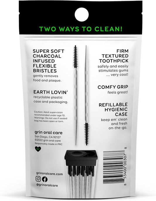 Grin Charcoal Infused Softstx, Gentle Dental Picks, 90 Count, Soft Flexible Bristles, Textured Plaque Removing Toothpick, Minty Flavor, for Between Teeth, Refillable Hygienic Case