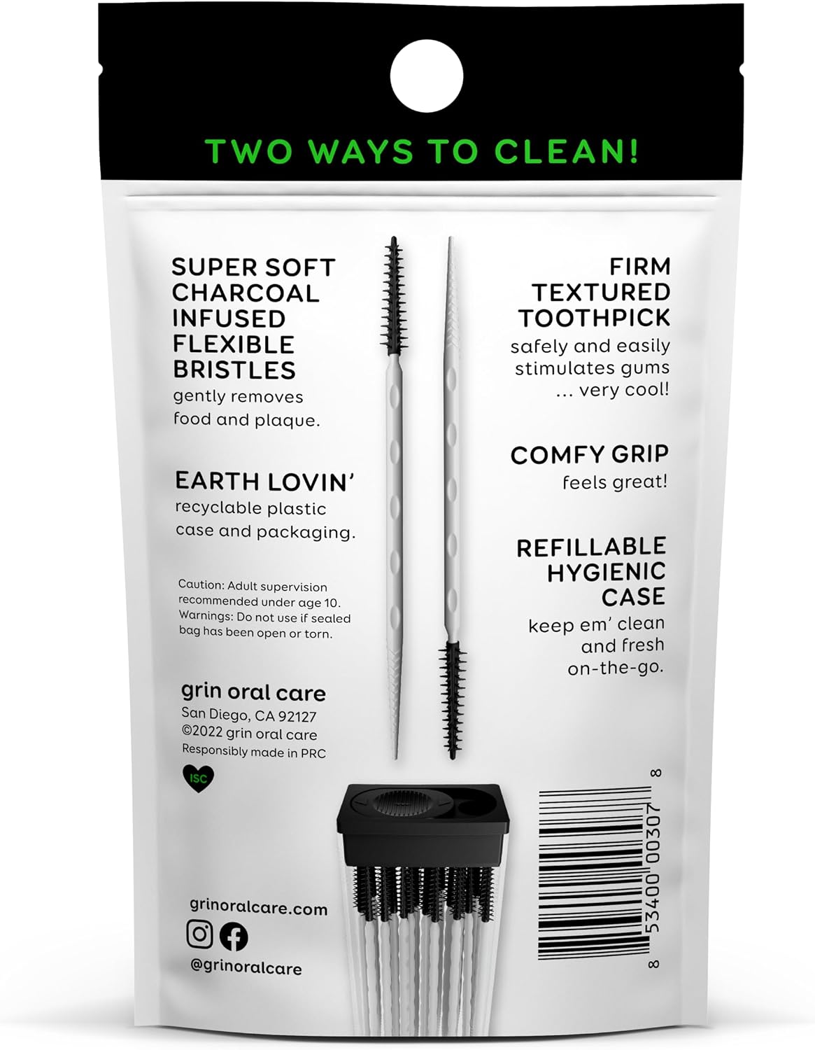 Grin Charcoal Infused Softstx, Gentle Dental Picks, 90 Count, Soft Flexible Bristles, Textured Plaque Removing Toothpick, Minty Flavor, for Between Teeth, Refillable Hygienic Case