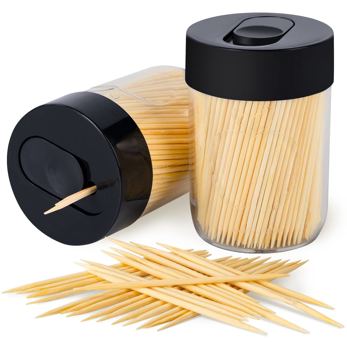 Sturdy Toothpick Holder with 800 Natural Toothpicks Wooden 2Pack Black