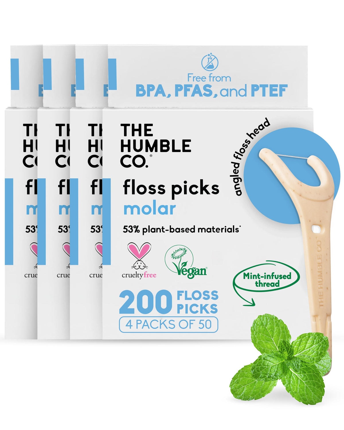 The Humble Co. Dental Floss Picks, Double Thread, Mint (200 Count)
