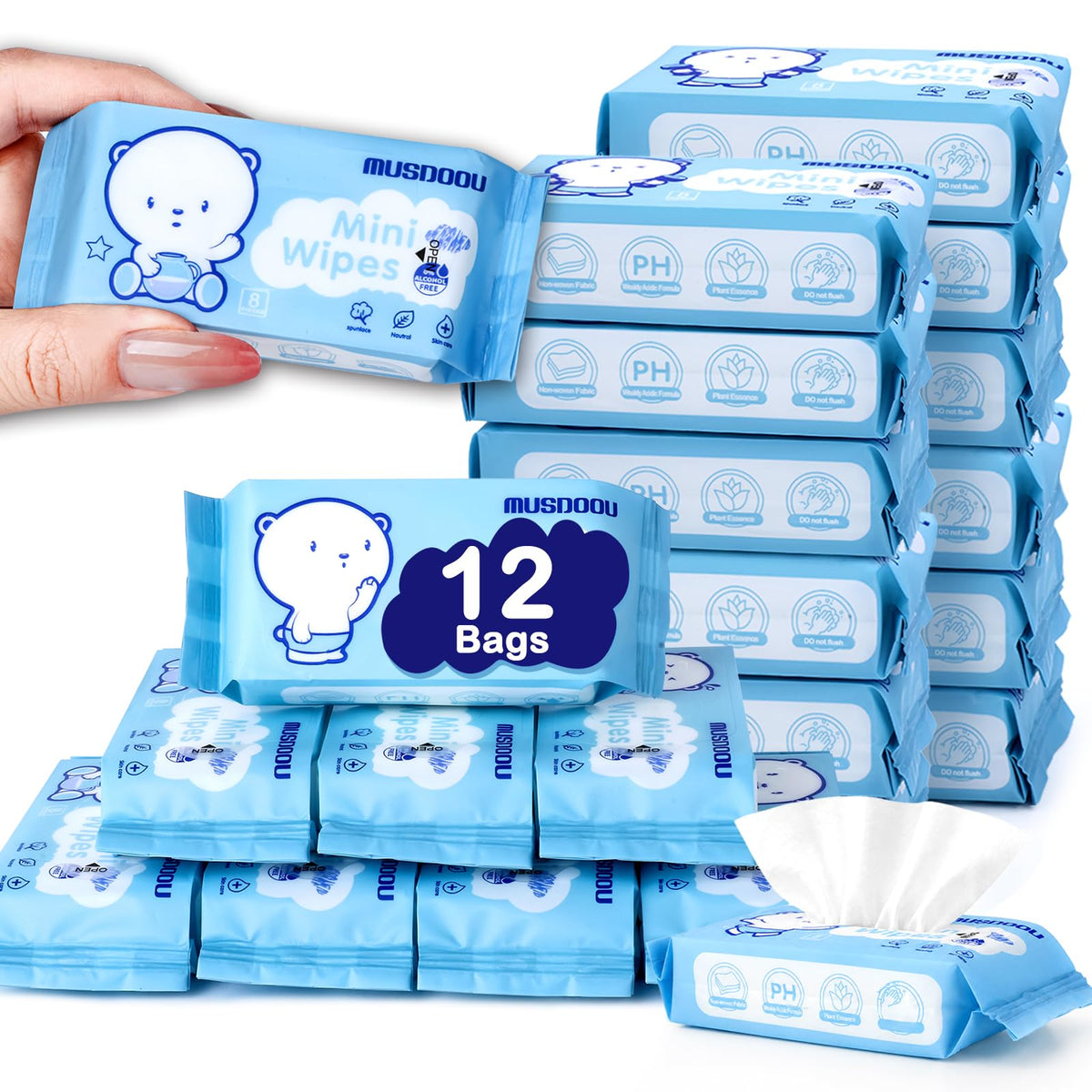 48 Pack Mini Travel Wet Wipes, 8 Wipes Each, Pocket Size Portable Wipes with 99.5% Water, Unscented Gentle Cleansing Wipes for Travel Essentials, Camping, Festivals & Everyday On-The-Go Use