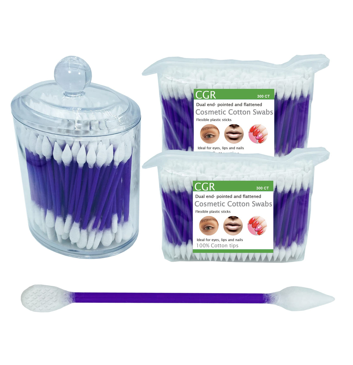 CGR 900pcs Precision Makeup Cotton Swabs, Pointed & Flat Tips, 3 Bags