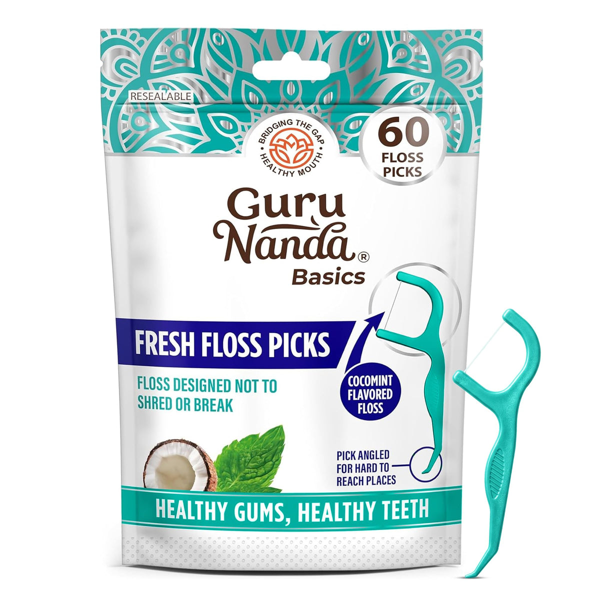 GuruNanda Fresh Dental Floss Picks with Angled Toothpick, Cocomint, 60 ct