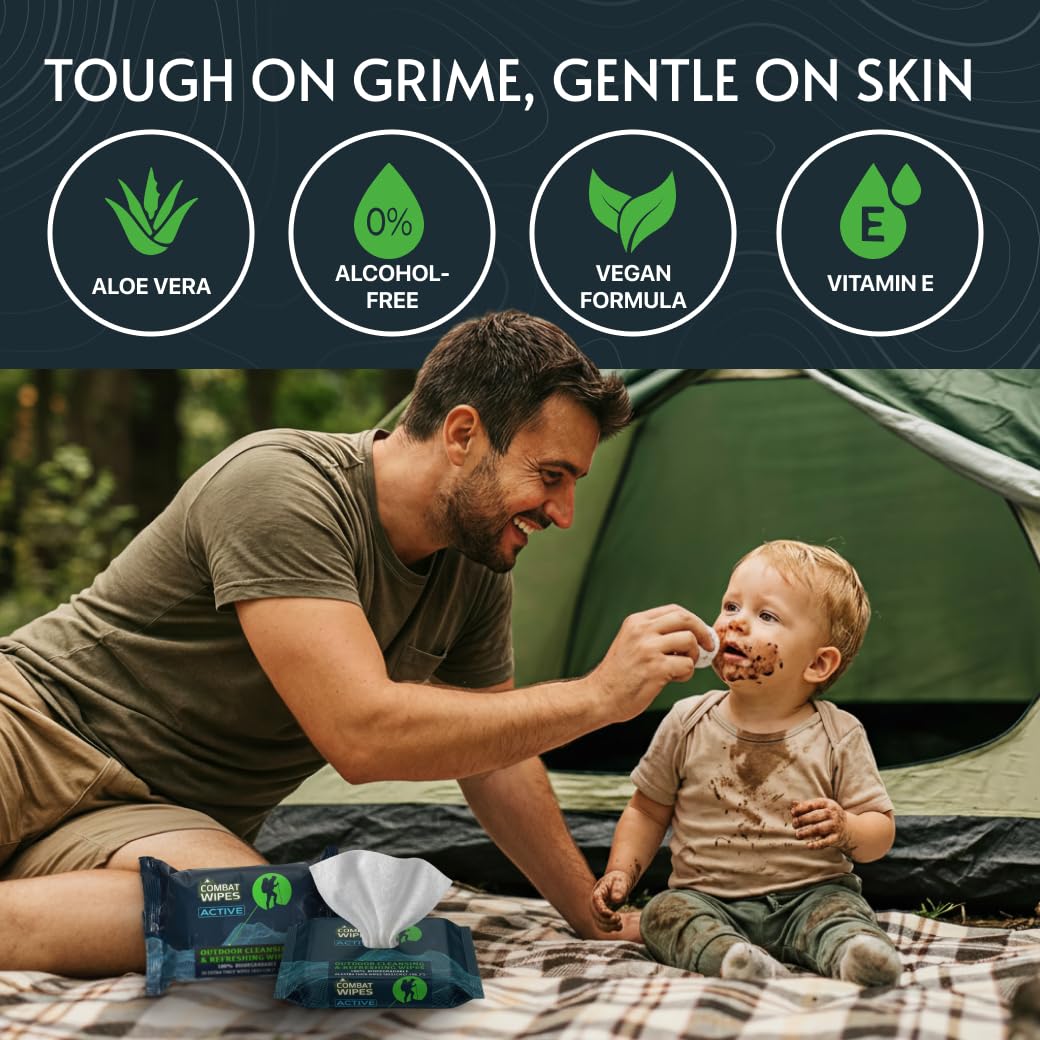 Combat Wipes ACTIVE Outdoor 2-Pack Wet Wipes - Extra Thick Camping Gear, Biodegradable, Body & Hand Cleansing/Refreshing Cloths for Backpacking & Gym w/Natural Aloe & Vitamin E, 50 Ct (25x2 pack)