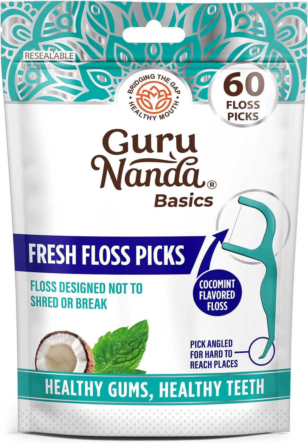 GuruNanda Fresh Dental Floss Picks with Angled Toothpick, Cocomint, 60 ct