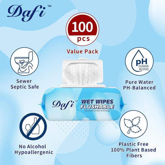 DAFI Flushable Wipes for Adult Wet Wipes, Total 600 Unscented Toilet Wipes Flushable, No Alcohol & 100% Plant Based Fibers, Septic and Sewer Safe Pack of 6