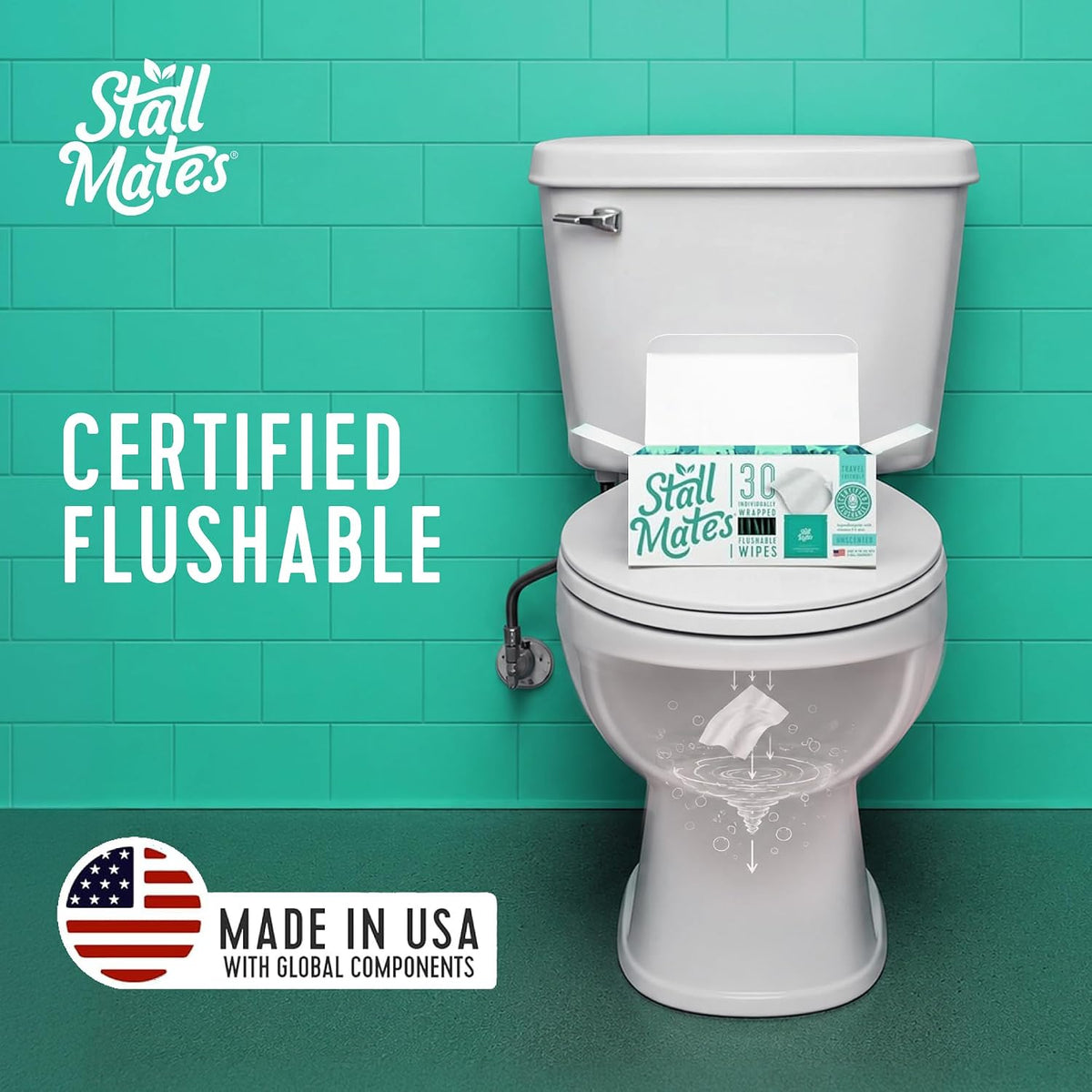 Stall Mates Flushable Wipes, Individually Wrapped, Unscented, 30 Count