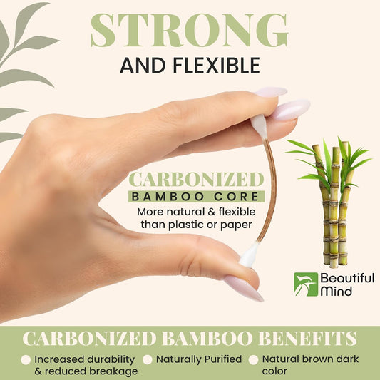 Bamboo Cotton Swabs 500 Pack - Natural Swabs for Ears, Makeup & Cleaning - Carbonized Bamboo Sticks with Soft Buds - Travel Size Tips - Precision Ear Cleaner Swabs