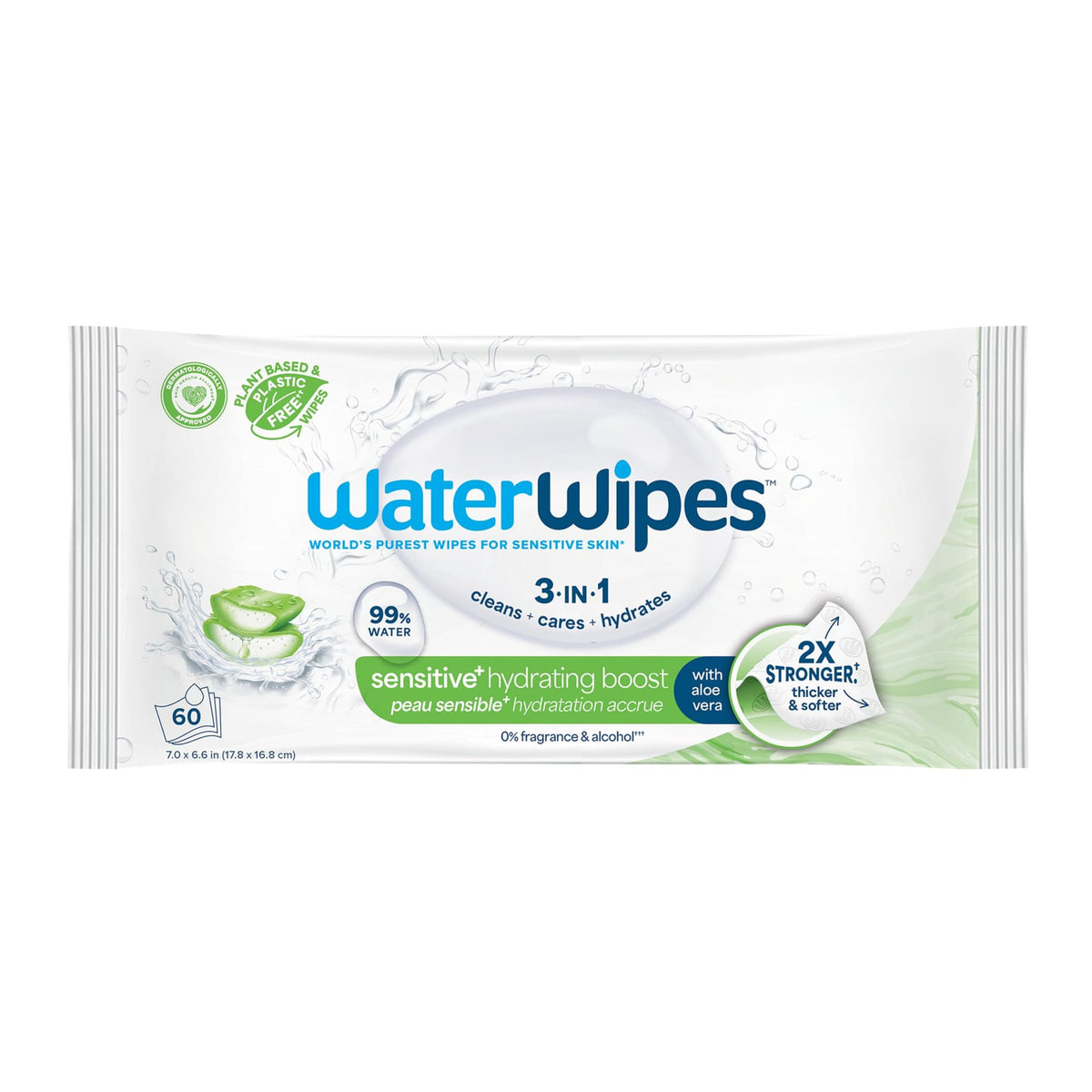WaterWipes Sensitive+ Soothing Wipes, 3-In-1 Cleans, Cares, Soothes, 99% Water with Botanical Extract, Unscented & Hypoallergenic Baby Wipes, 360 Count (6 Packs)