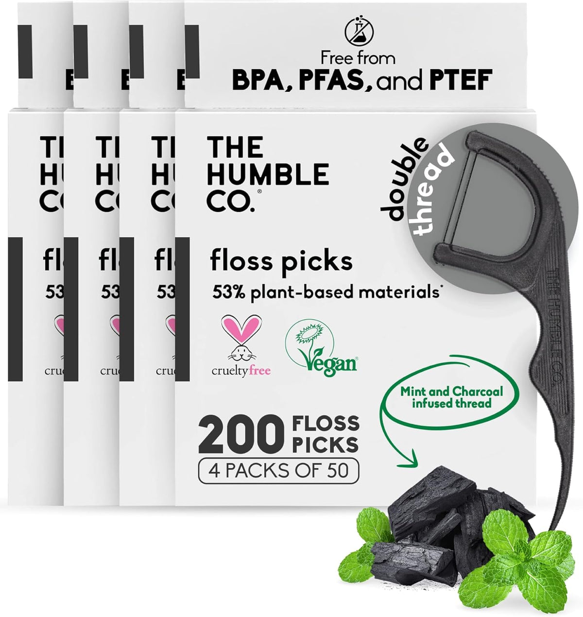 The Humble Co. Dental Floss Picks, Double Thread, Charcoal (200 Count)