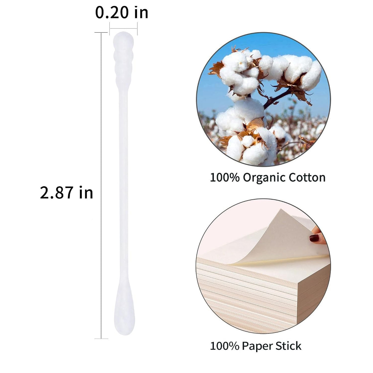 Cotton Swabs Spiral - 600 Count Organic Cotton Buds Double Side Tightly Wrapped Cotton Tips Paper Stick Soft Gentle Lint-Free Cruelty-Free, Round & Spiral (White)